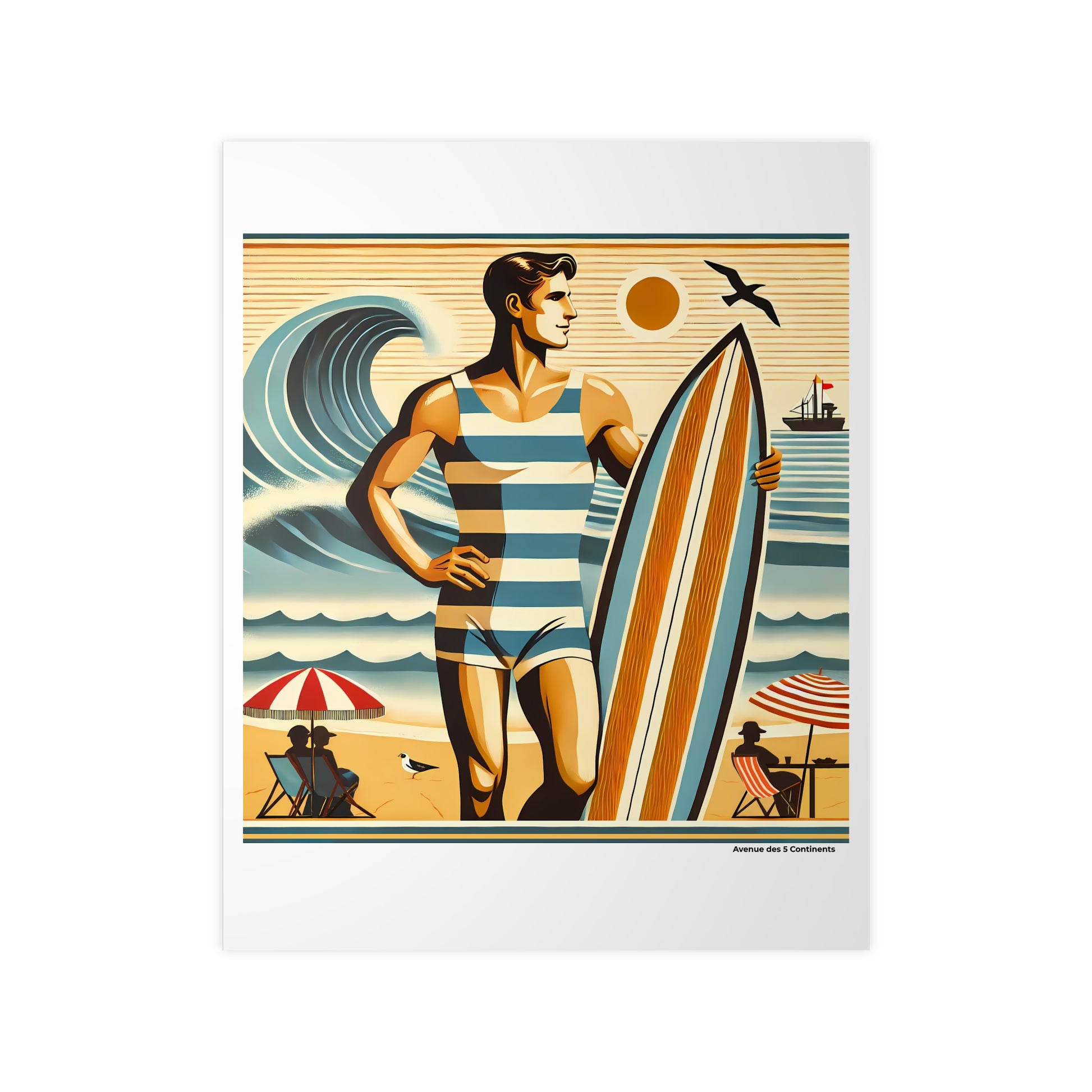 Affiche Artistique Homme Surfeur en Océanie avec Maillot de Bain Rétro Vintage, Collection Océanie, Poster d'Art Mural et Décoration Originale