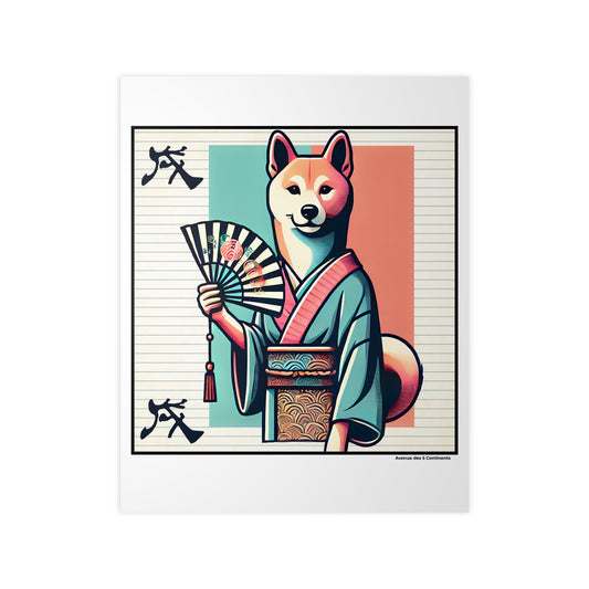 Affiche Artistique Chien Zen avec Kimono Asiatique et Éventail, Collection Asie, Poster d'Art Mural et Décoration Originale