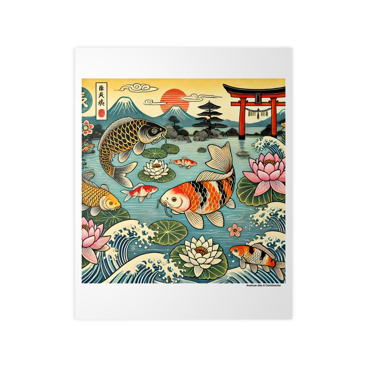 Affiche Artistique Danse de Carpe Koi, Poissons et Nénuphars, au Seuil du Torii Sacré, Collection Asie, Poster d'Art Mural et Décoration Originale