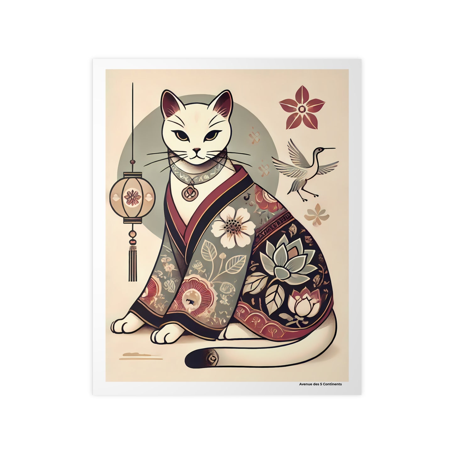 Affiche Artistique Chat en Kimono Fleuri avec Lanterne Asiatique, Collection Asie, Poster d'Art Mural et Décoration Originale