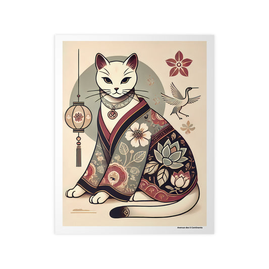Affiche Artistique Chat en Kimono Fleuri avec Lanterne Asiatique, Collection Asie, Poster d'Art Mural et Décoration Originale
