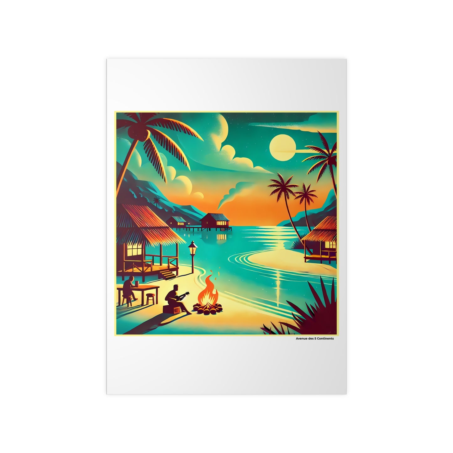Affiche Artistique Feu de Camp Océanien Sous les Cocotiers, Collection Océanie, Poster d'Art Mural et Décoration Originale