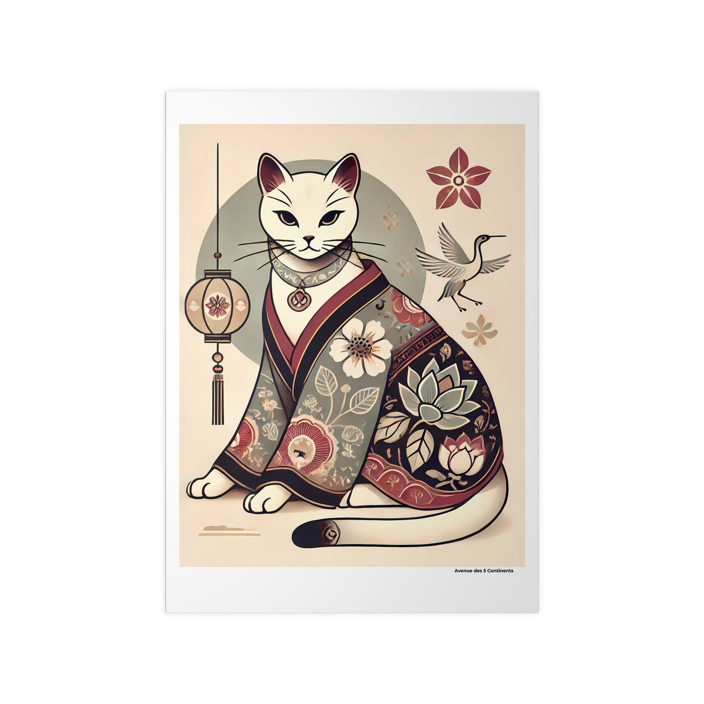 Affiche Artistique Chat en Kimono Fleuri avec Lanterne Asiatique, Collection Asie, Poster d'Art Mural et Décoration Originale