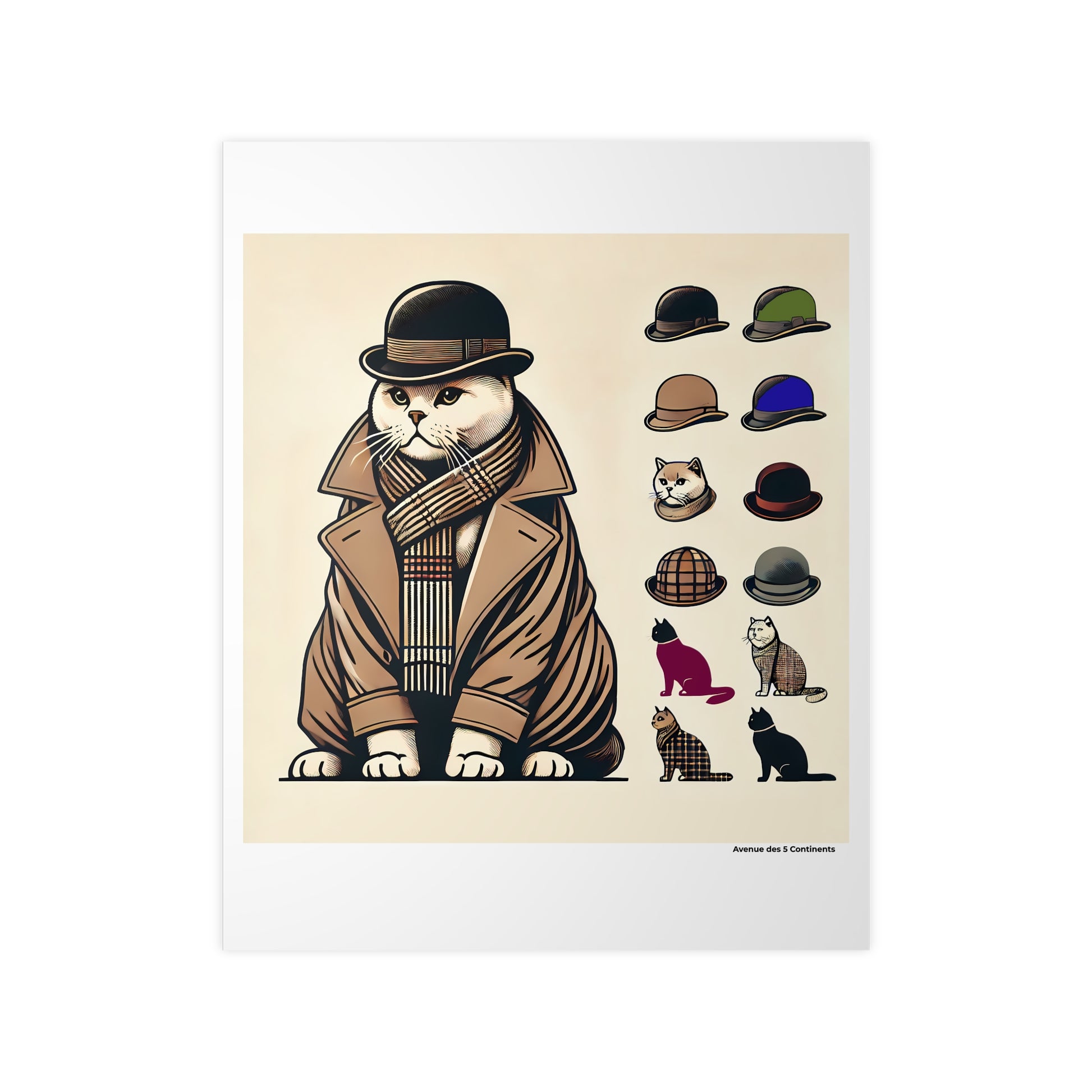 Affiche Artistique Chat Anglais en Trench-Coat, avec Chapeau Melon et Panoplie, So British, Collection Europe, Poster d'Art Mural et Décoration Originale