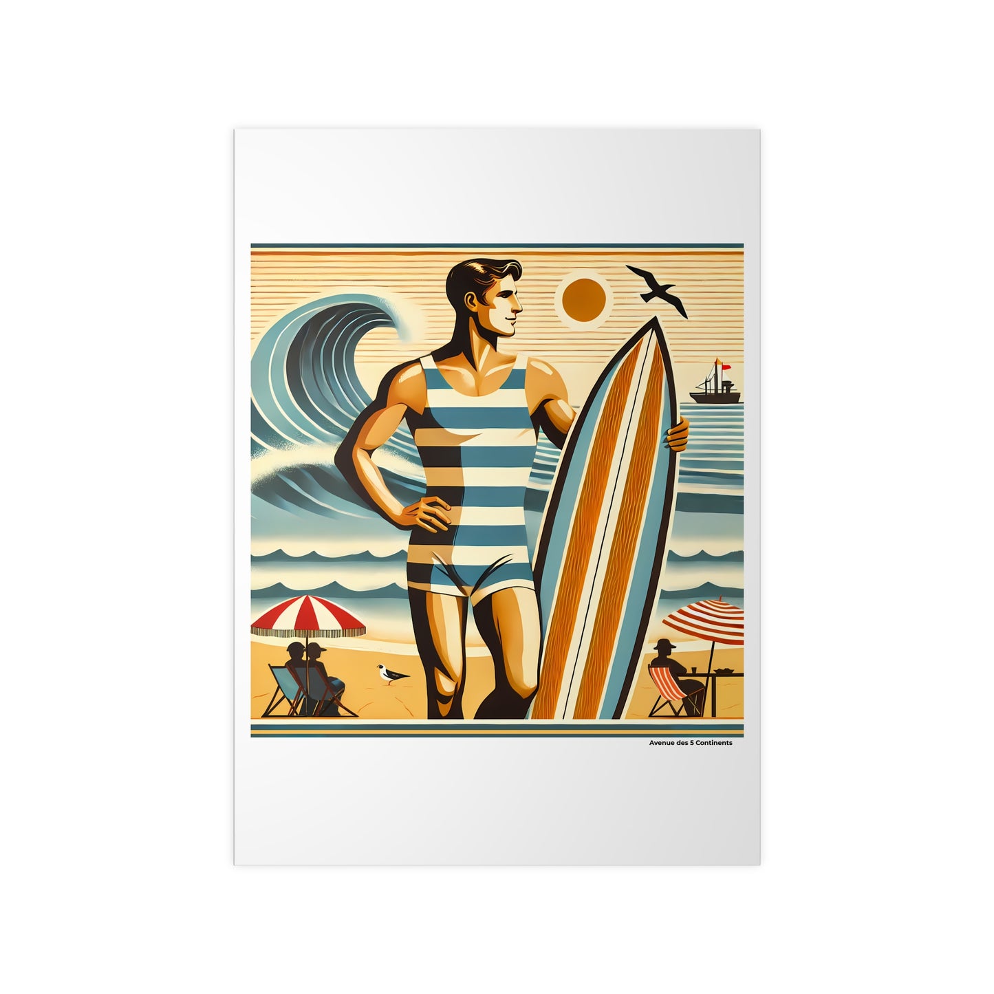 Affiche Artistique Homme Surfeur en Océanie avec Maillot de Bain Rétro Vintage, Collection Océanie, Poster d'Art Mural et Décoration Originale