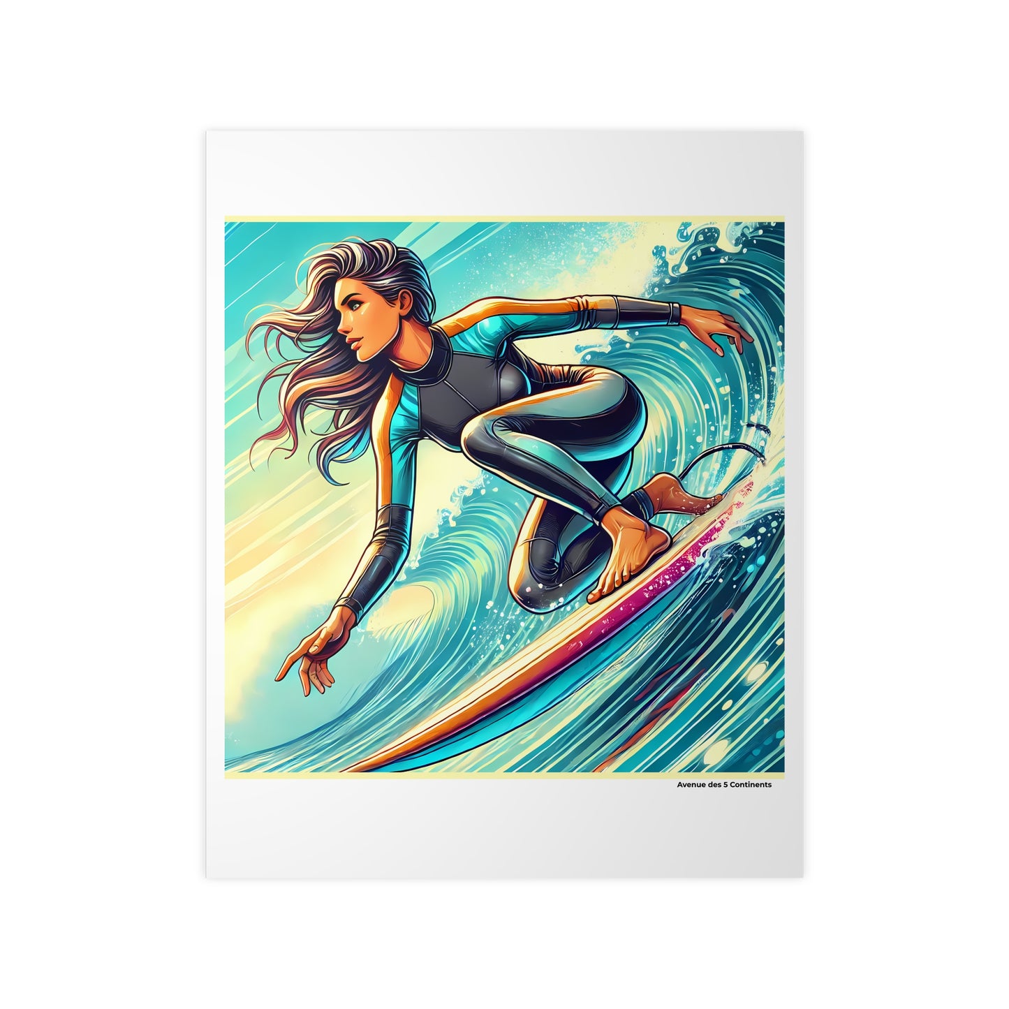 Affiche Artistique Femme Surfeuse : Amorce dans le Creux de la Vague du Pacifique, Collection Océanie, Poster d'Art Mural et Décoration Originale