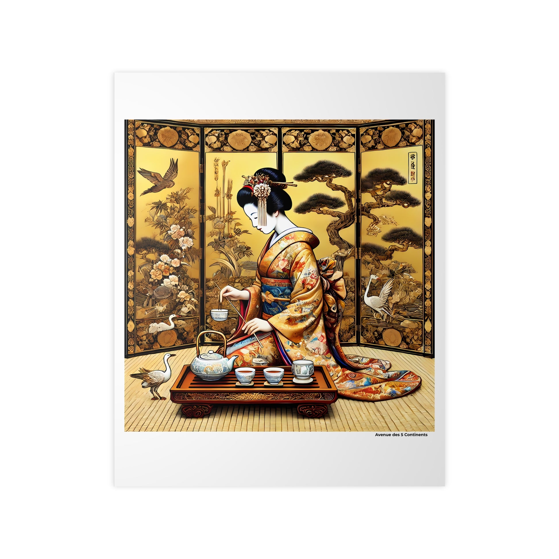 Affiche Artistique Cérémonie du Thé de la Geisha derrière le Paravent, Collection Asie, Poster d'Art Mural et Décoration Originale