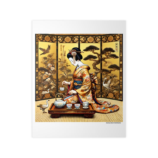 Affiche Artistique Cérémonie du Thé de la Geisha derrière le Paravent, Collection Asie, Poster d'Art Mural et Décoration Originale