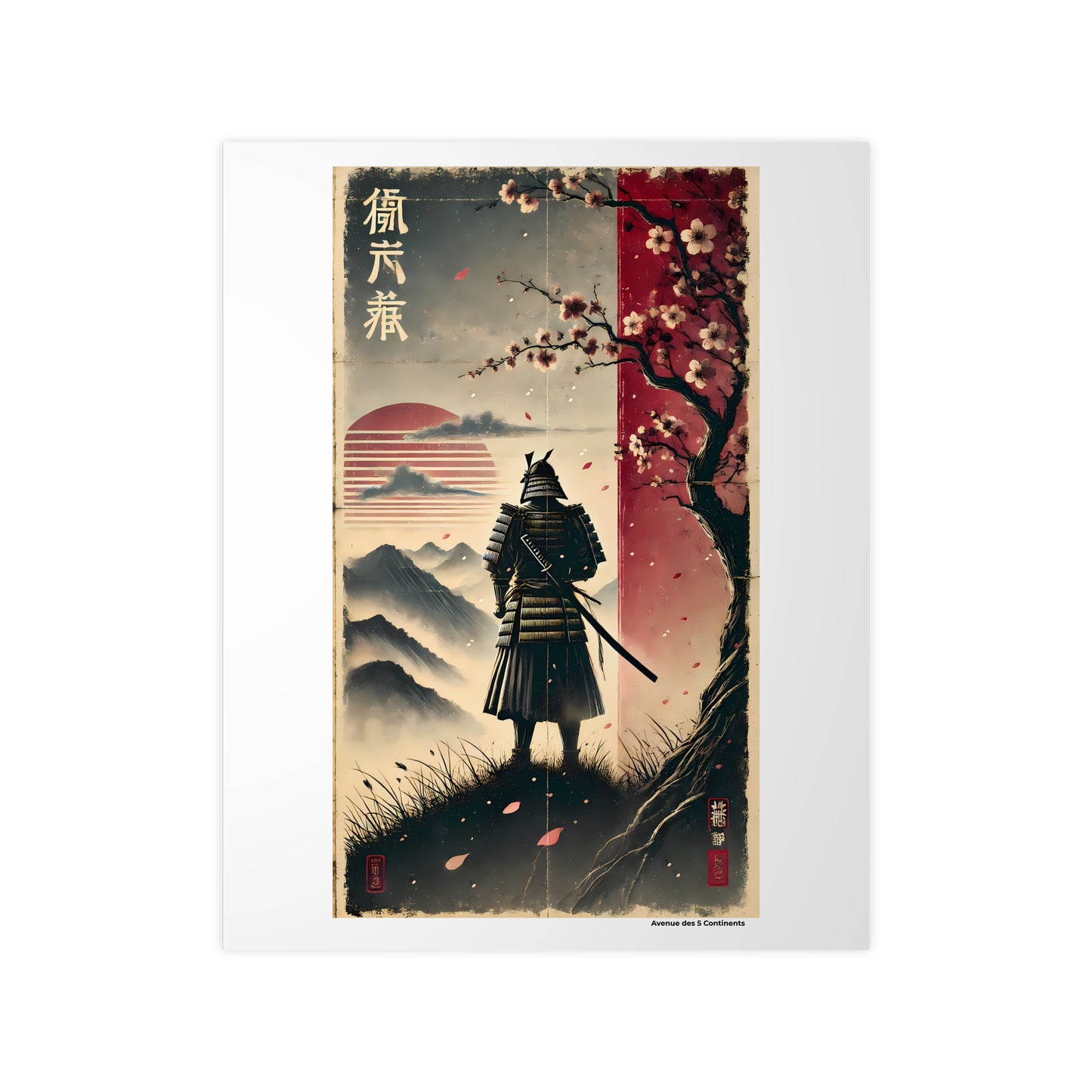 Affiche Artistique Samouraï en Contemplation sous le Cerisier Sakura, Collection Asie, Poster d'Art Mural et Décoration Originale