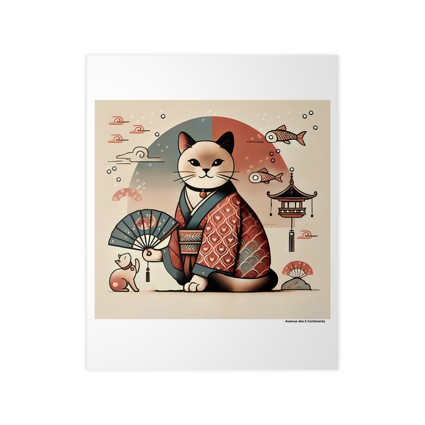 Affiche Artistique Chat Zen avec Kimono Chic Asiatique et Éventail, Collection Asie, Poster d'Art Mural et Décoration Originale