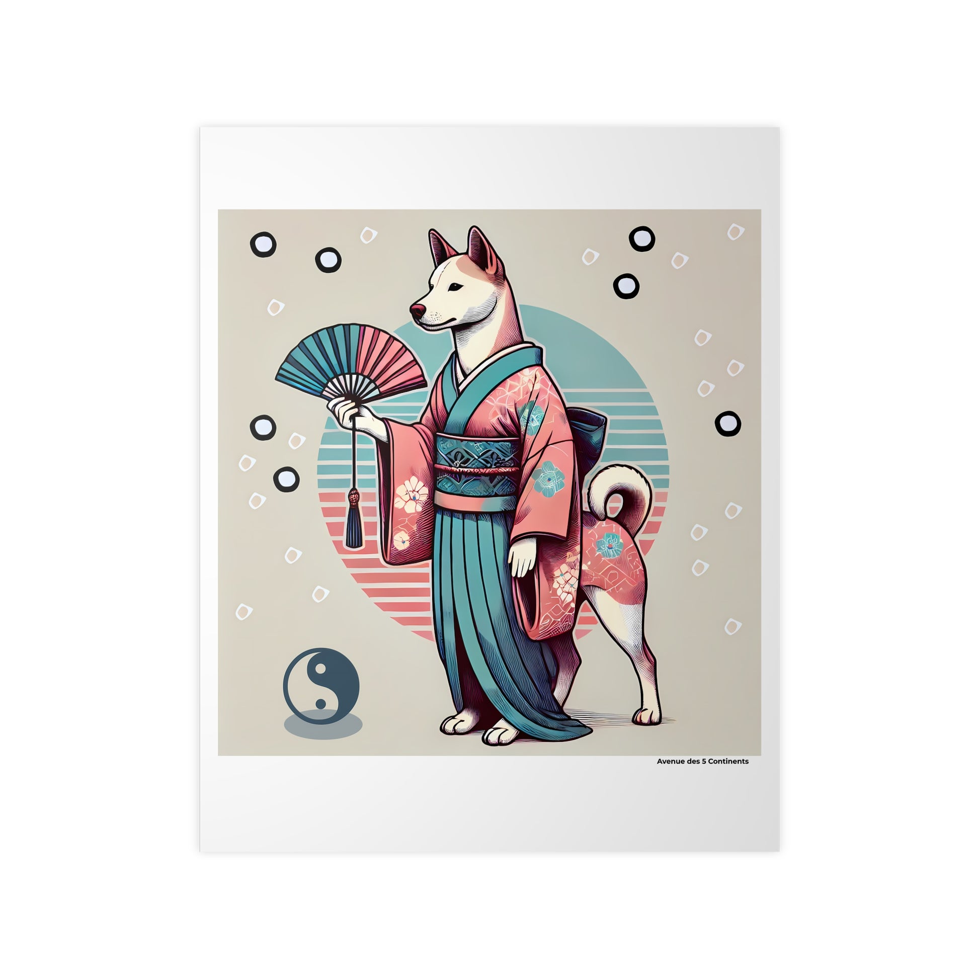 Affiche Artistique Chien Yin et Yang avec Kimono Asiatique et Éventail version 2, Collection Asie, Poster d'Art Mural et Décoration Originale