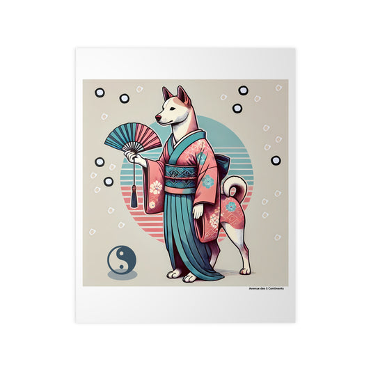 Affiche Artistique Chien Yin et Yang avec Kimono Asiatique et Éventail version 2, Collection Asie, Poster d'Art Mural et Décoration Originale