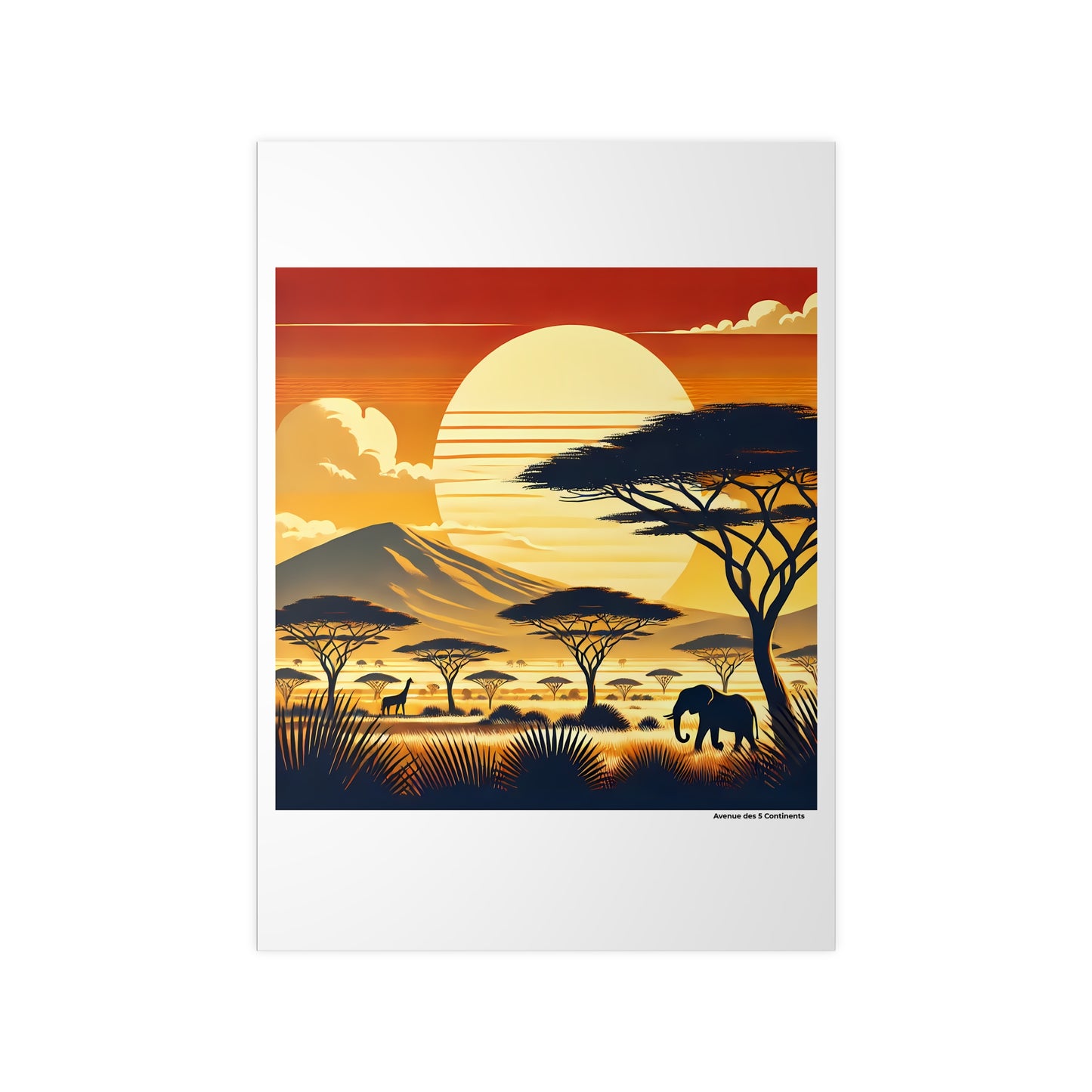 Affiche Artistique Paysage de la Savane Africaine : Animaux Sauvages sous les Acacias au Coucher du Soleil, Collection Afrique, Poster d'Art Mural et Décoration Originale