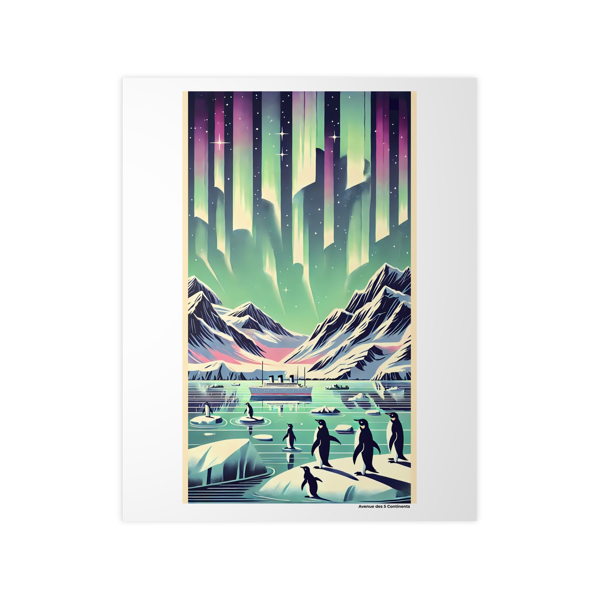 Affiche Artistique Manchots et Navire sous les Aurores Australes de l'Antarctique, Collection Antarctique, Poster d'Art Mural et Décoration Originale