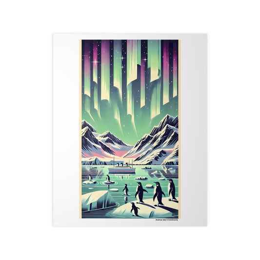 Affiche Artistique Manchots et Navire sous les Aurores Australes de l'Antarctique, Collection Antarctique, Poster d'Art Mural et Décoration Originale