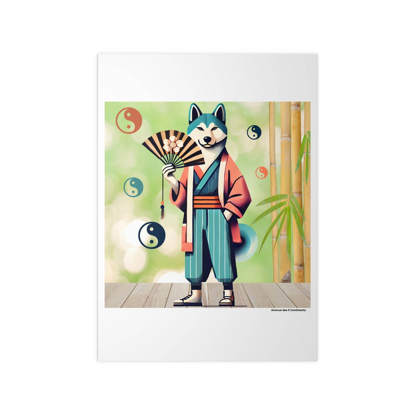 Affiche Artistique Chien Yin et Yang avec Kimono Asiatique et Éventail, Collection Asie, Poster d'Art Mural et Décoration Originale
