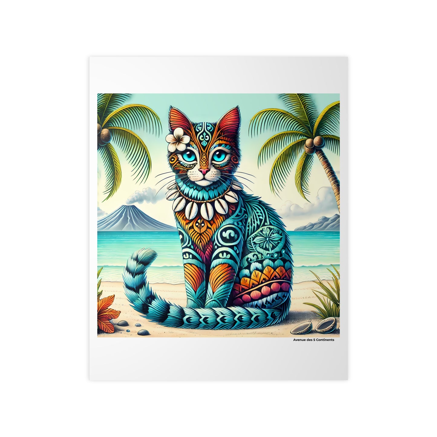 Affiche Artistique Chat Tendance Océanienne, avec Tatouages et Collier de Coquillages, Collection Océanie, Poster d'Art Mural et Décoration Originale