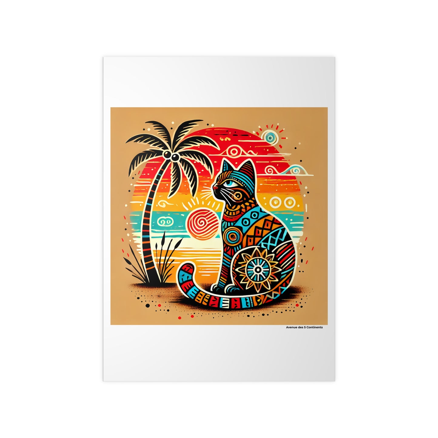 Affiche Artistique Chat Africain Tendance Wax sous un Palmier, Collection Afrique, Poster d'Art Mural et Décoration Originale
