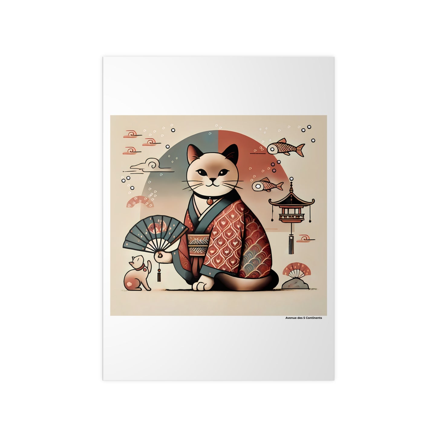 Affiche Artistique Chat Zen avec Kimono Chic Asiatique et Éventail, Collection Asie, Poster d'Art Mural et Décoration Originale