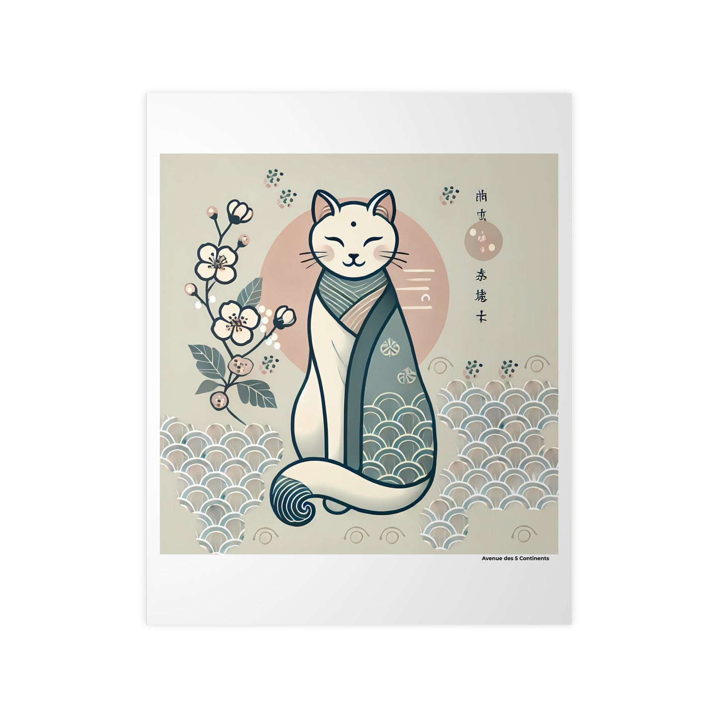 Affiche Artistique Chat Asiatique en Méditation avec Fleurs de Cerisier Sakura, Collection Asie, Poster d'Art Mural et Décoration Originale