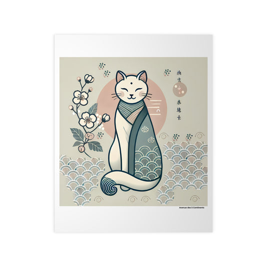 Affiche Artistique Chat Asiatique en Méditation avec Fleurs de Cerisier Sakura, Collection Asie, Poster d'Art Mural et Décoration Originale