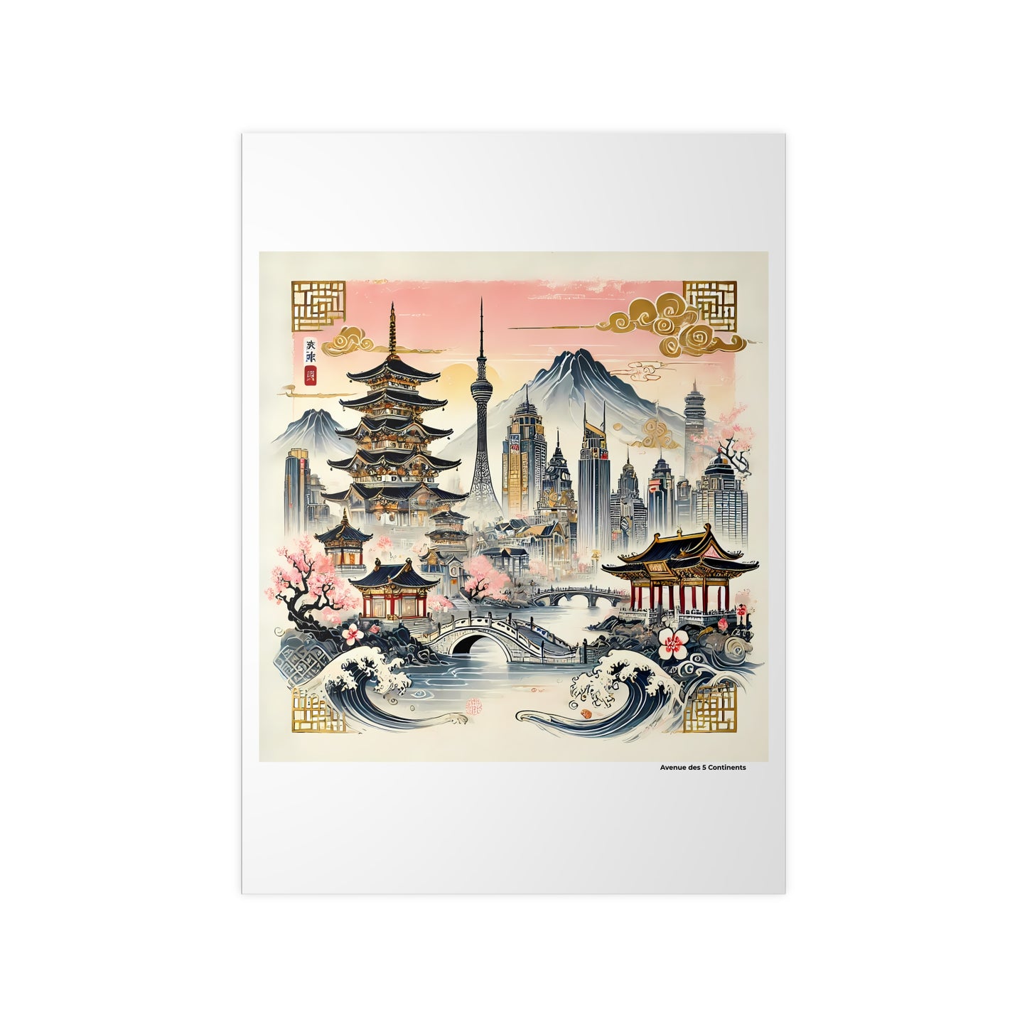 Affiche Artistique L'Âme de Tokyo : entre Pagodes, Cerisiers, Tour Skytree, et Gratte-ciel, Collection Asie, Poster d'Art Mural et Décoration Originale