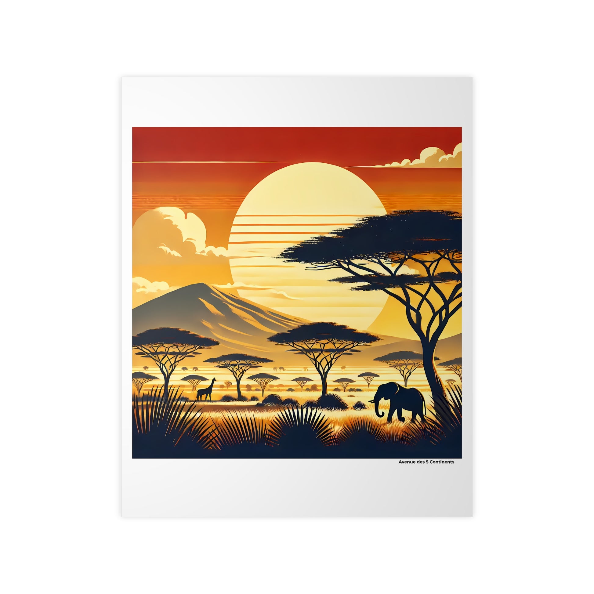 Affiche Artistique Paysage de la Savane Africaine : Animaux Sauvages sous les Acacias au Coucher du Soleil, Collection Afrique, Poster d'Art Mural et Décoration Originale