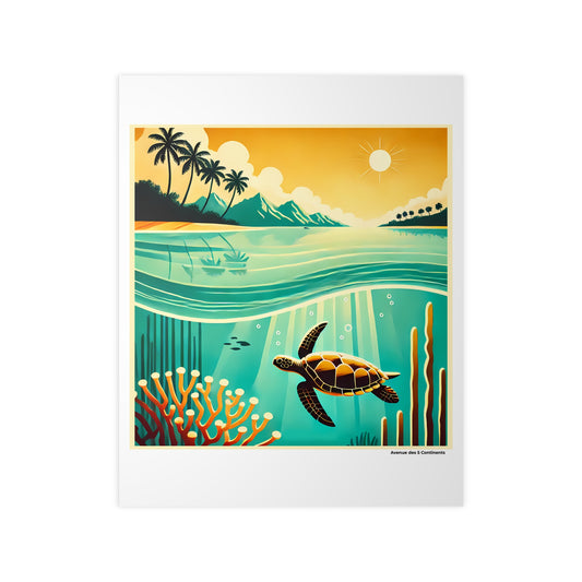 Affiche Artistique Tortue d'Océanie dans la Mer de Corail, Collection Océanie, Poster d'Art Mural et Décoration Originale