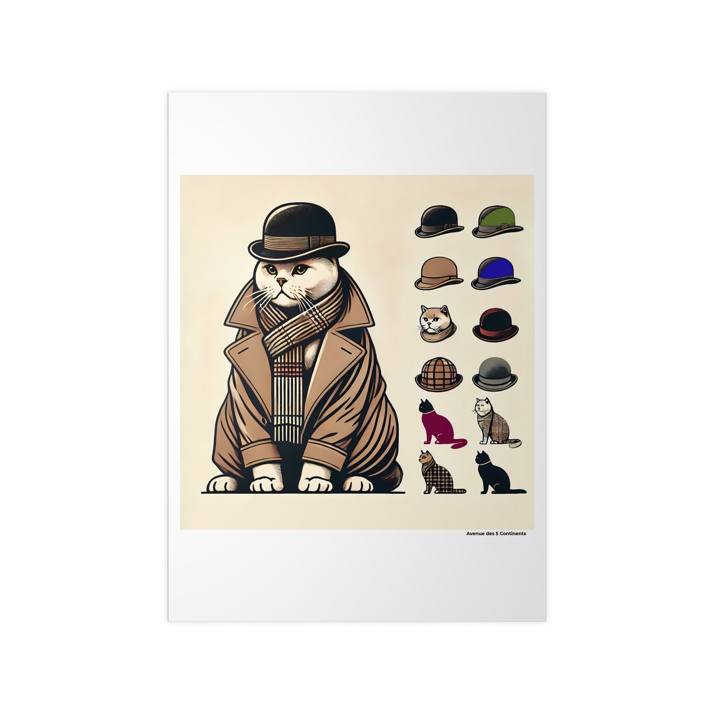 Affiche Artistique Chat Anglais en Trench-Coat, avec Chapeau Melon et Panoplie, So British, Collection Europe, Poster d'Art Mural et Décoration Originale